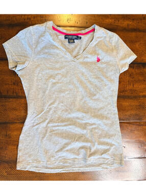 U.S. Polo Assn. Luxury Feel Gray V-Neck T-Shirt - Pink Logo Embroidery, Small